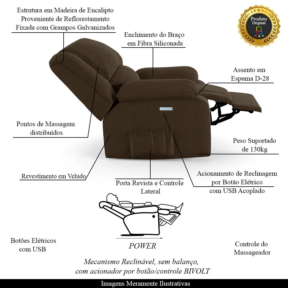 Poltrona do Papai Reclinável Sala de Cinema Madrid Elétrica Touch Massagem USB Veludo Marrom G23