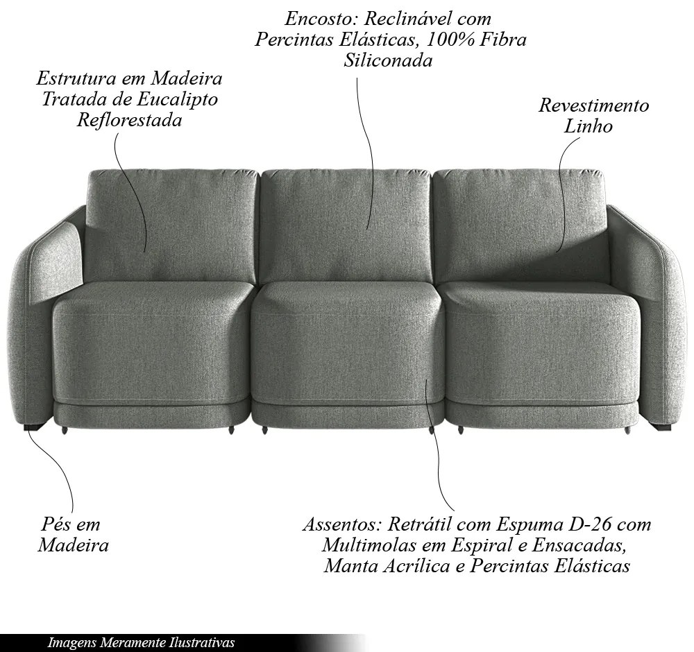 Sofá Cama Modulado Retrátil e Reclinável Decorativo Varsóvia 306cm Linho Cinza Chumbo G33 - Gran Belo