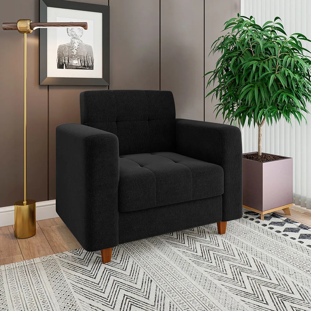 Kit 01 Sofá 03 Lugares e 01 Poltrona Arezzo Linho Preto A79 Pés Chanfrado Castanho - D'Rossi