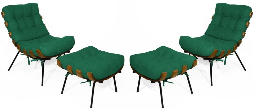 Kit 2 Poltronas Costela Com 2 Puff Costela Suede Verde