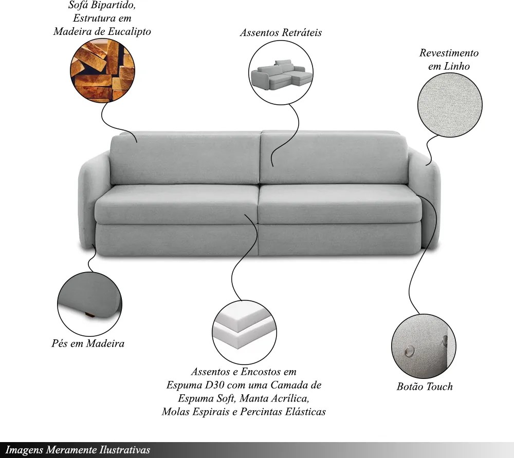 Sofá Cama Sala de Estar Bipartido Elétrico 254cm Retrátil Caixa Zero Torrion Veludo Bege G93 - Gran Belo