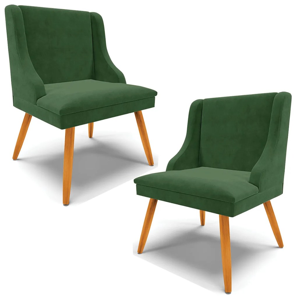 Kit 2 Poltronas Decorativas Pés Palito de Madeira Firenze Suede Verde Esmeralda/Natural G19 - Gran Belo