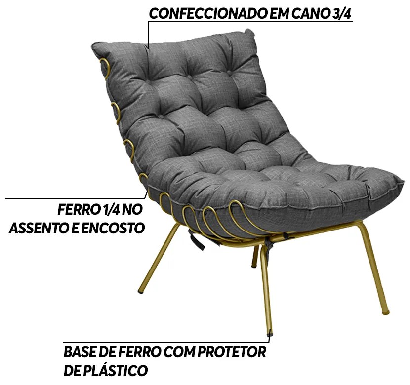Kit 2 Poltronas Decorativas Sala de Estar Abel Base de Ferro Dourada Linho Grafite G41 - Gran Belo