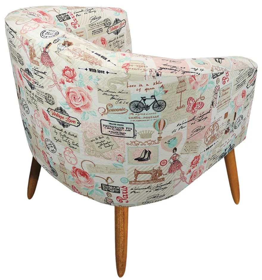 Poltrona Stella Estampado Retro Rosa D61 Pés Palito Castanho D03 - D'Rossi -