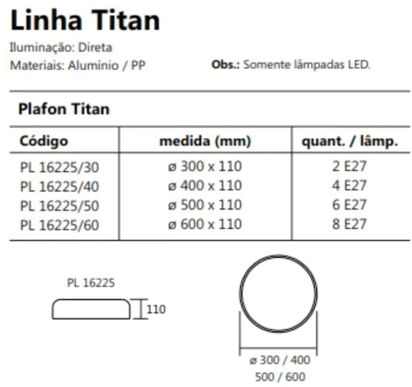 Plafon Titan Ø40X11Cm 4Xe27 Com Difusor Plano | Usina 16225/40 (CP-M - Champagne Metálico)