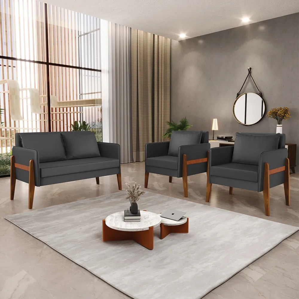 Kit 1 Sofá Namoradeira e 2 Poltronas Lana Corino Preto Base de Madeira