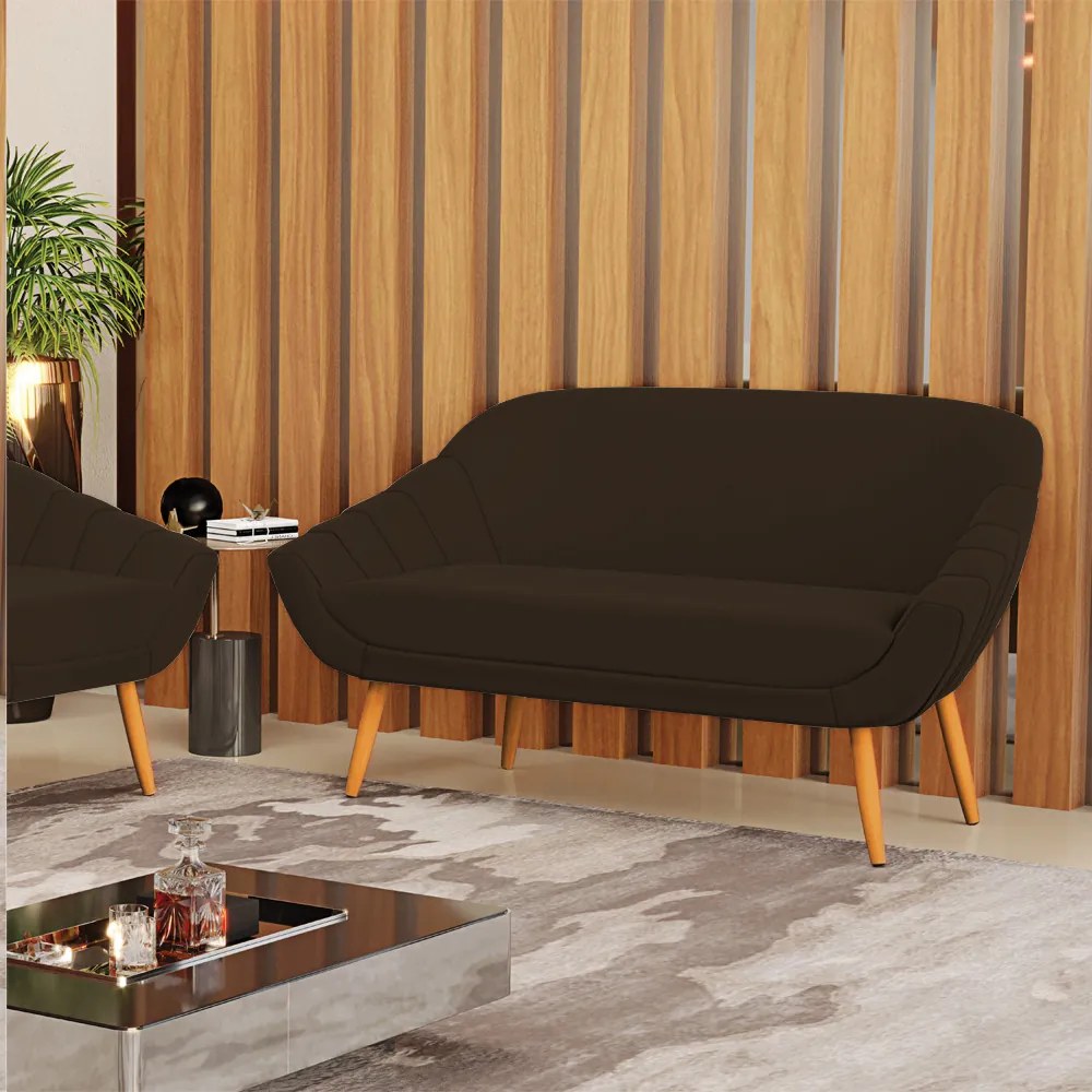 Namoradeira 02 Lugares Giovana Suede Marrom Pés Palito Castanho - D'Rossi