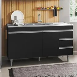 Balcão Gabinete com Pia Inox 150cm 3 Portas 3 Gavetas Andréia Preto To