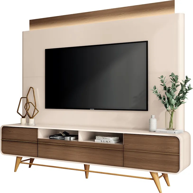 Home Theater Nobre com LED TV até 85 Polegadas em Off White/Castanho G26 - Hb Móveis