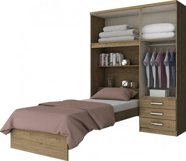 Guarda Roupa Cravo 4 Portas Com Cama Solteiro Embutida Rústico