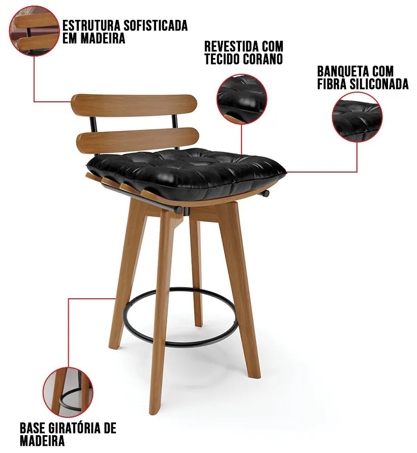 Banqueta Giratória Costela Corano Base Madeira MA70 M11 - D'Rossi - Preto