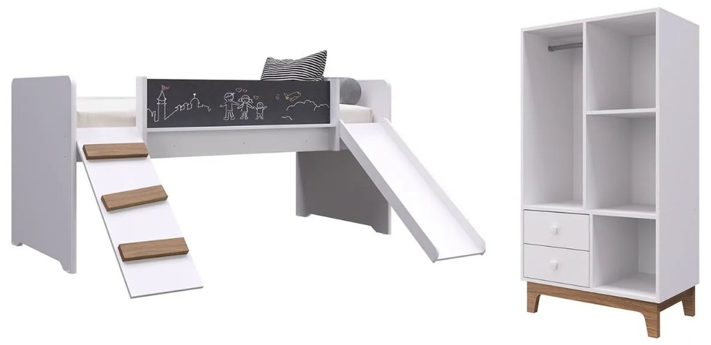 Kit Conjunto Cama Playground e Armário Infantil - Branco