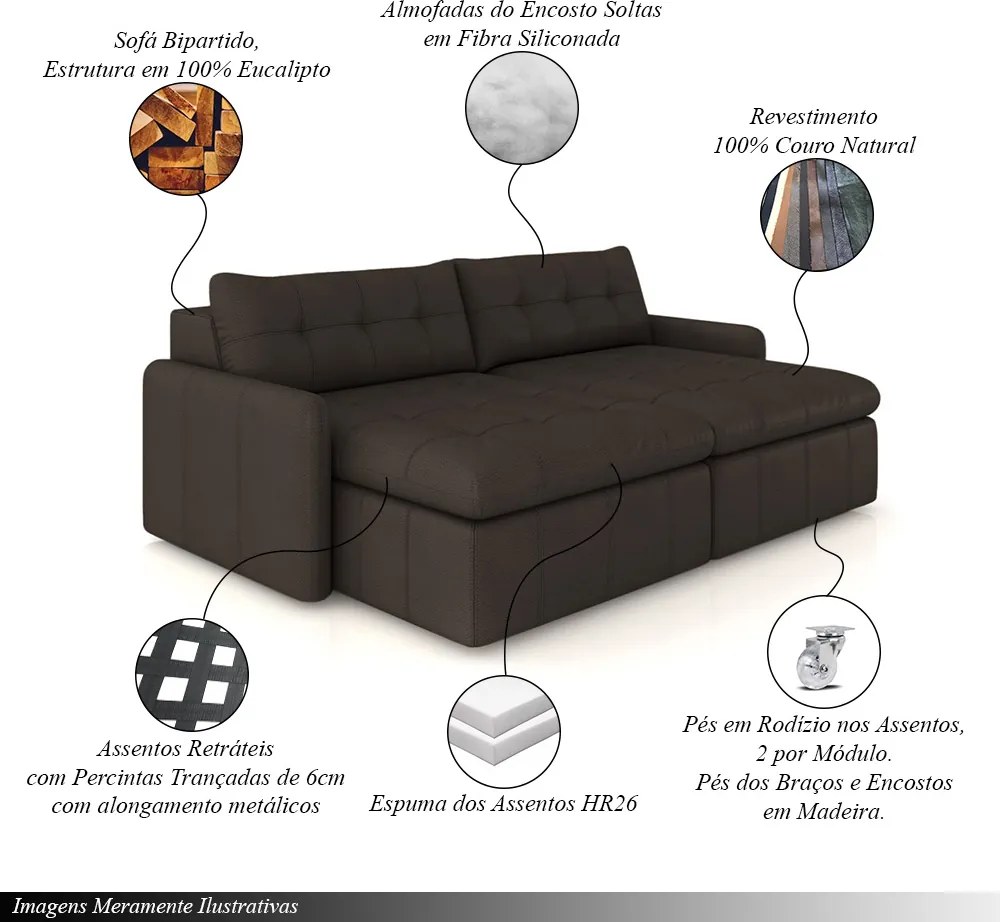 Sofá Retrátil Bipartido Sala de Estar Belém 204cm Couro Marrom G52 - Gran Belo