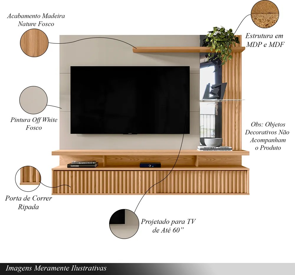 Painel Decorativo Otawa MDP/MDF Porta Ripada TV até 60 Polegadas Nature/Off White G77 - Gran Belo