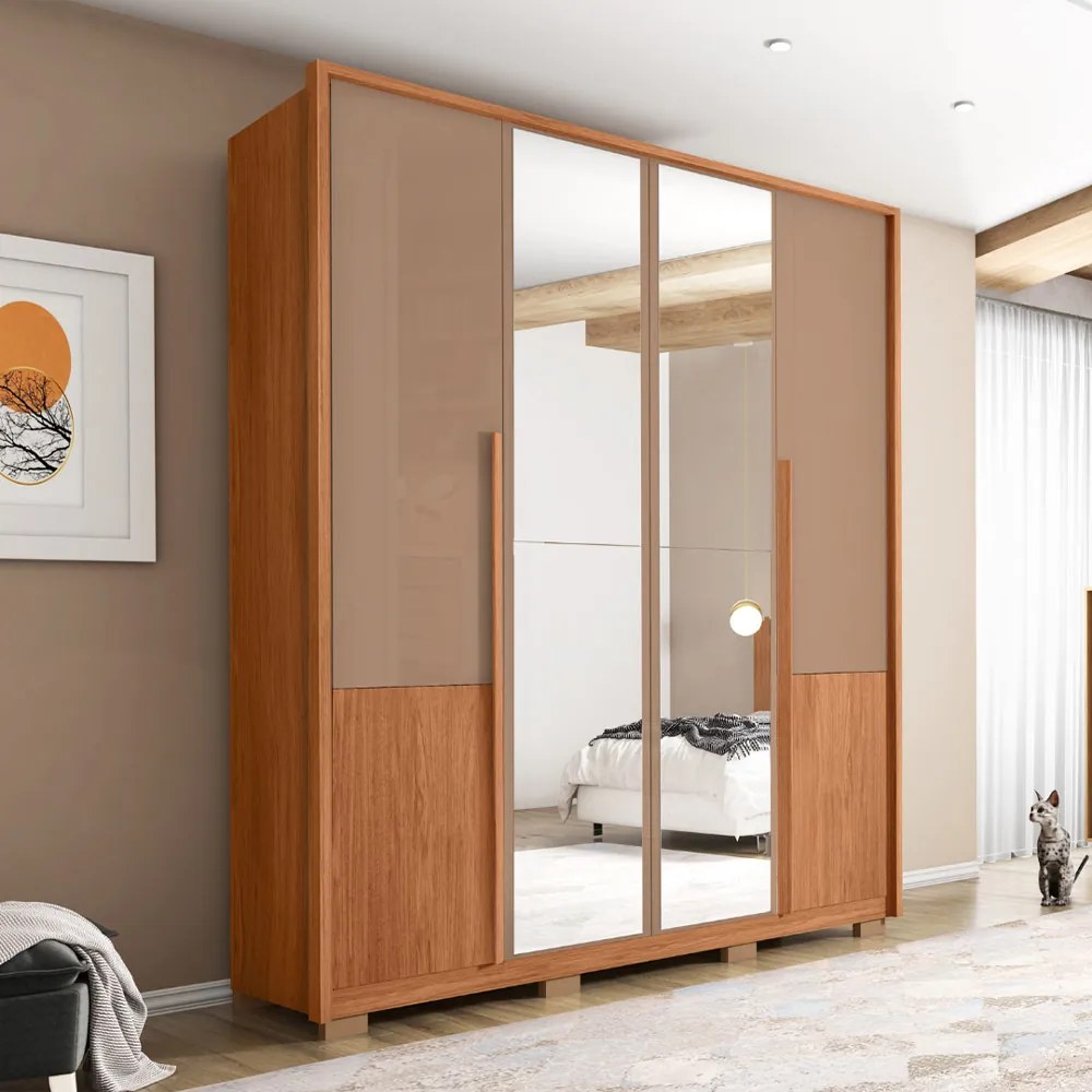 Guarda Roupa Malu 4 Portas de bater com 2 Espelhos e 3 Gavetas em MDF Freijo/Sued G11 - Gran Belo