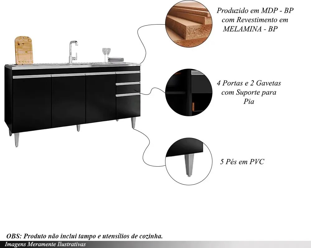 Balcão de Cozinha para Pia Marcos MDP/BP Preto G96 - Gran Belo