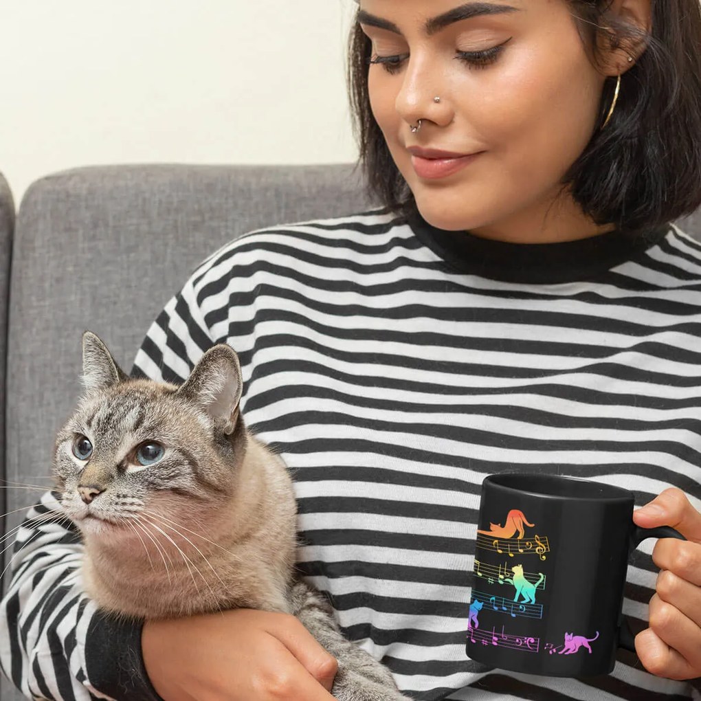 Caneca Gato Musical Cat Lover Preta Arco Iris
