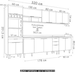 Armário de Cozinha Com Tampo CP05 320cm Pérola Preto Z34      - Mpozen