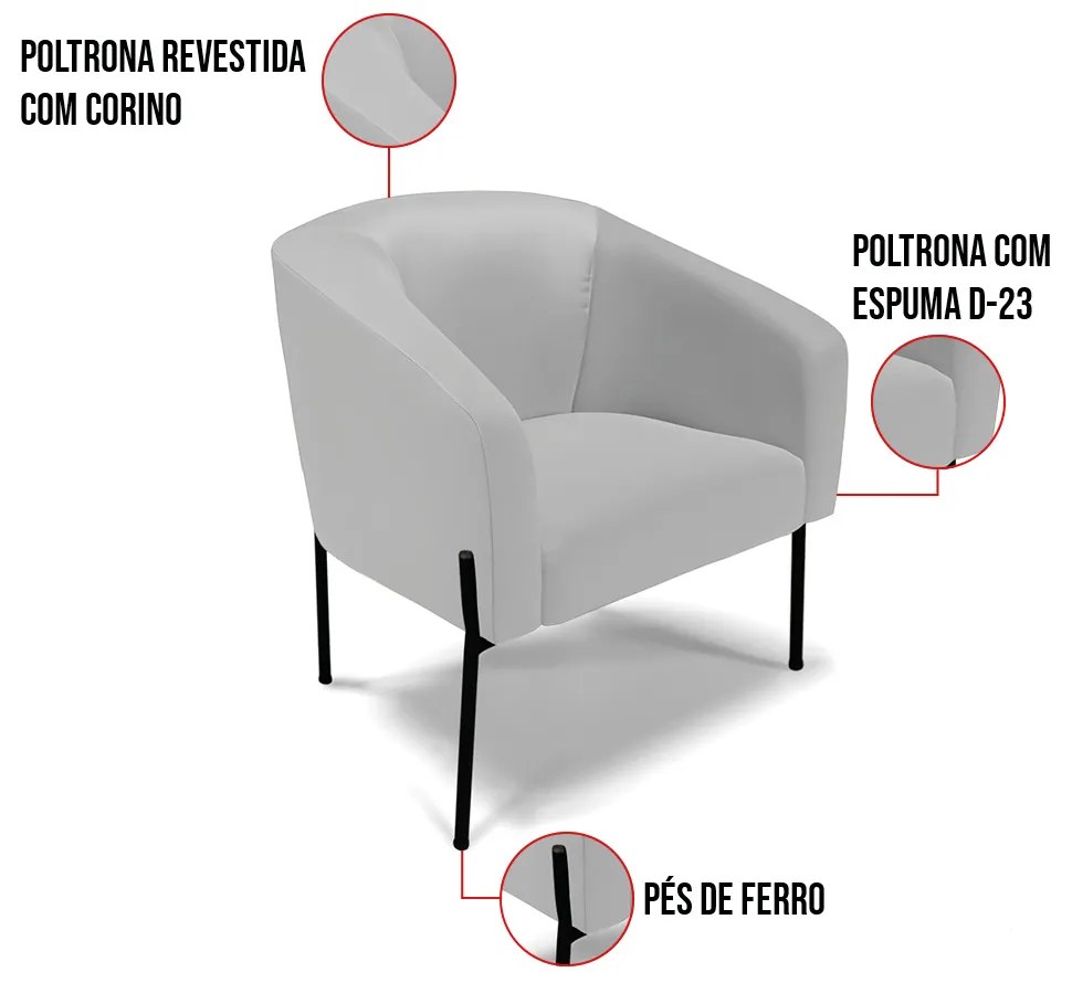 Poltrona Decorativa Pé de Ferro Preto Stella Sintético D03 - D'Rossi - Cinza