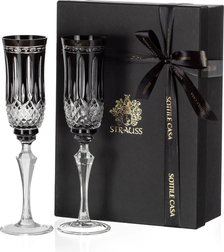 Kit Presente de 2 Taças de Cristal p/ Champagne Strauss Lapidado 240ml Preto