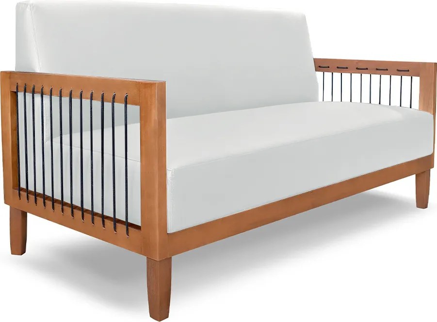 Sofá Namoradeira 2 Lugares Sala de Estar Pés Madeira Maciça Corda Náutica Preta 160cm Manila PU Branco G63 - Gran Belo