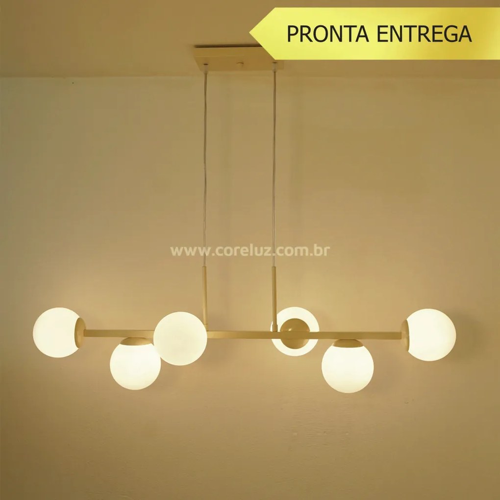 Pendente Six Retângular 124X25,5X27Cm Alumínio E Globo Ø12Cm Fosco 6Xg... (PRETO, FOSCO)