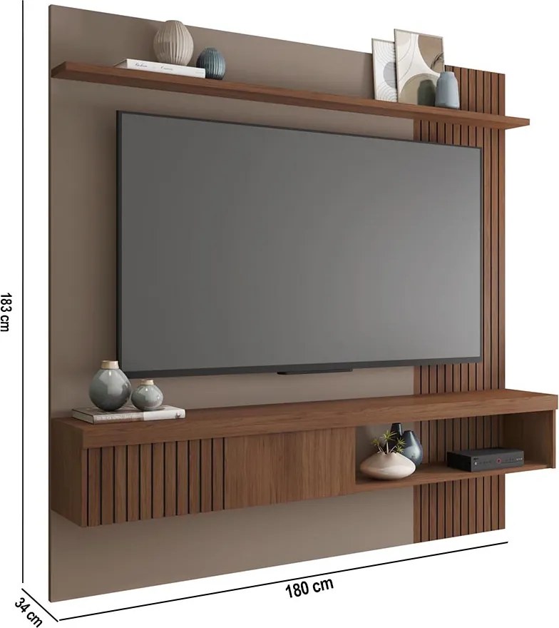 Painel TV 65 Pol 180cm Bancada Suspensa Ripado Luana Fendi/Havana C01 - D'Rossi