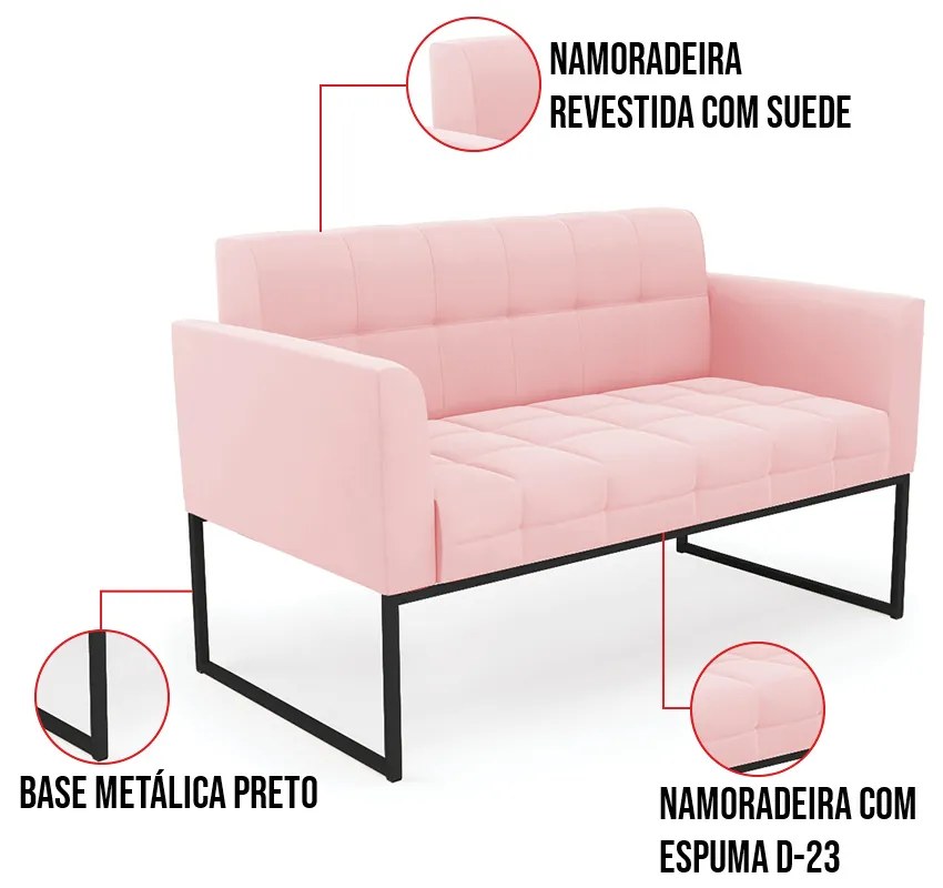 Kit 1 Sofá Namoradeira e 1 Poltrona Elisa Suede Rosa Bebê Base Metálica Industrial Preto D03 - D'Rossi