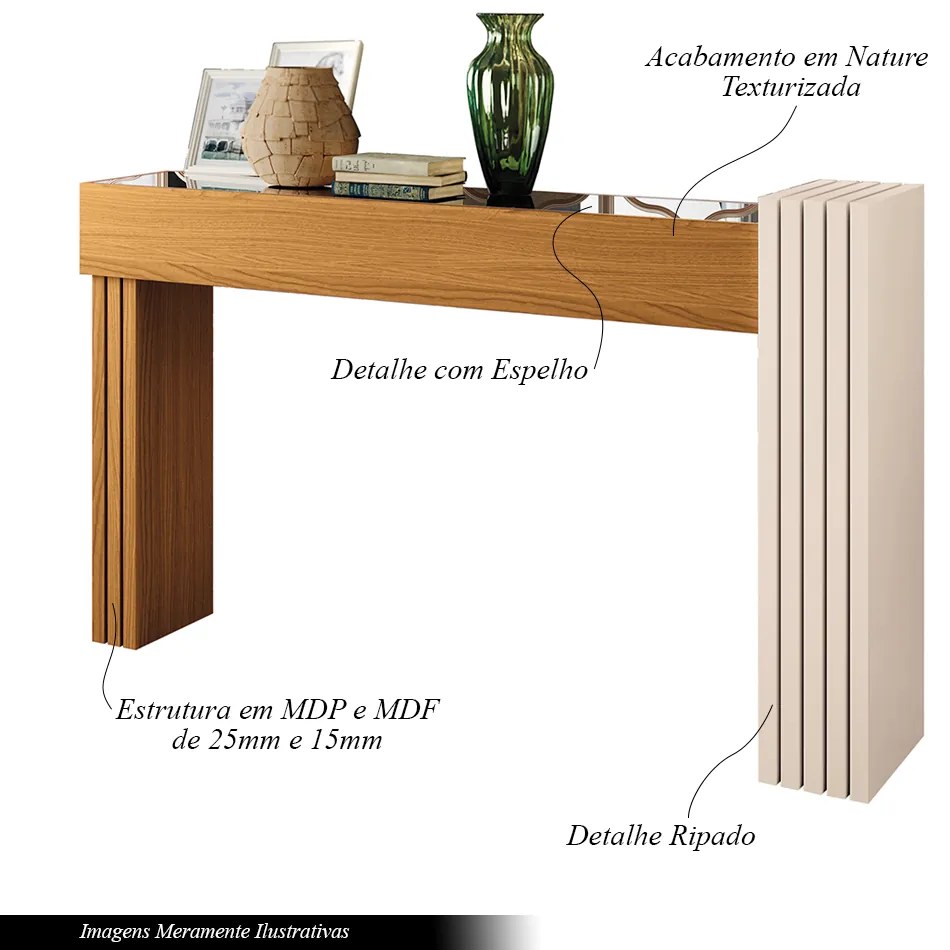 Conjunto Decorativo Aparador e Mesa de Centro com Espelho Sala de Estar Riad Cinamomo/OffWhite G26 - Gran Belo