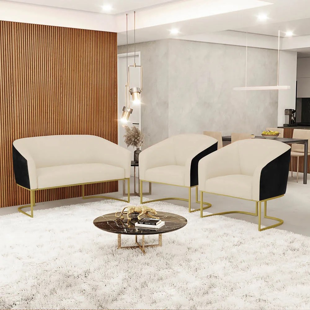 Namoradeira e 2 Poltronas Industrial Dourado Stella Pto/Linho D03 - D'Rossi - Bege