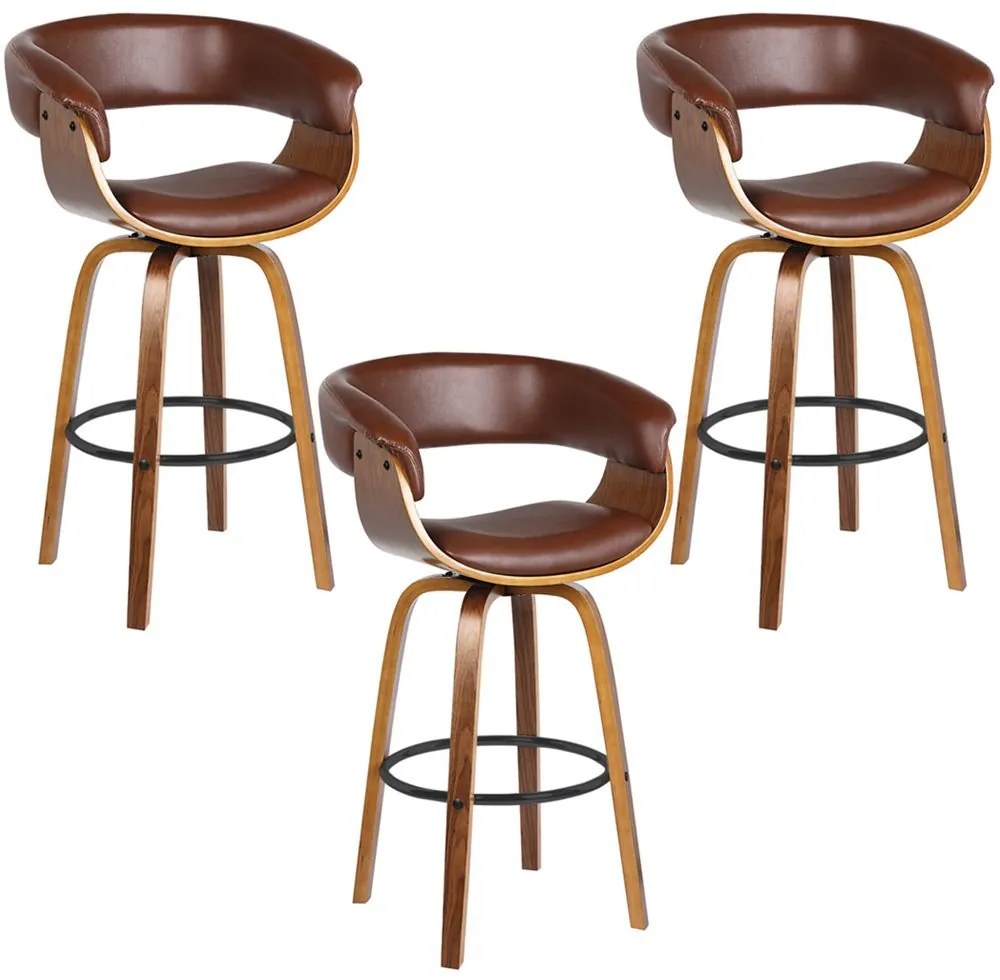 Kit 03 Banquetas para Cozinha Giratória Brenna Base Madeira PU Sintético Marrom G56 - Gran Belo