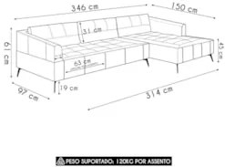 Sofá 5 Lugares 346cm Com Chaise Direito Eko Couro Bege Z55  - Mpozenat