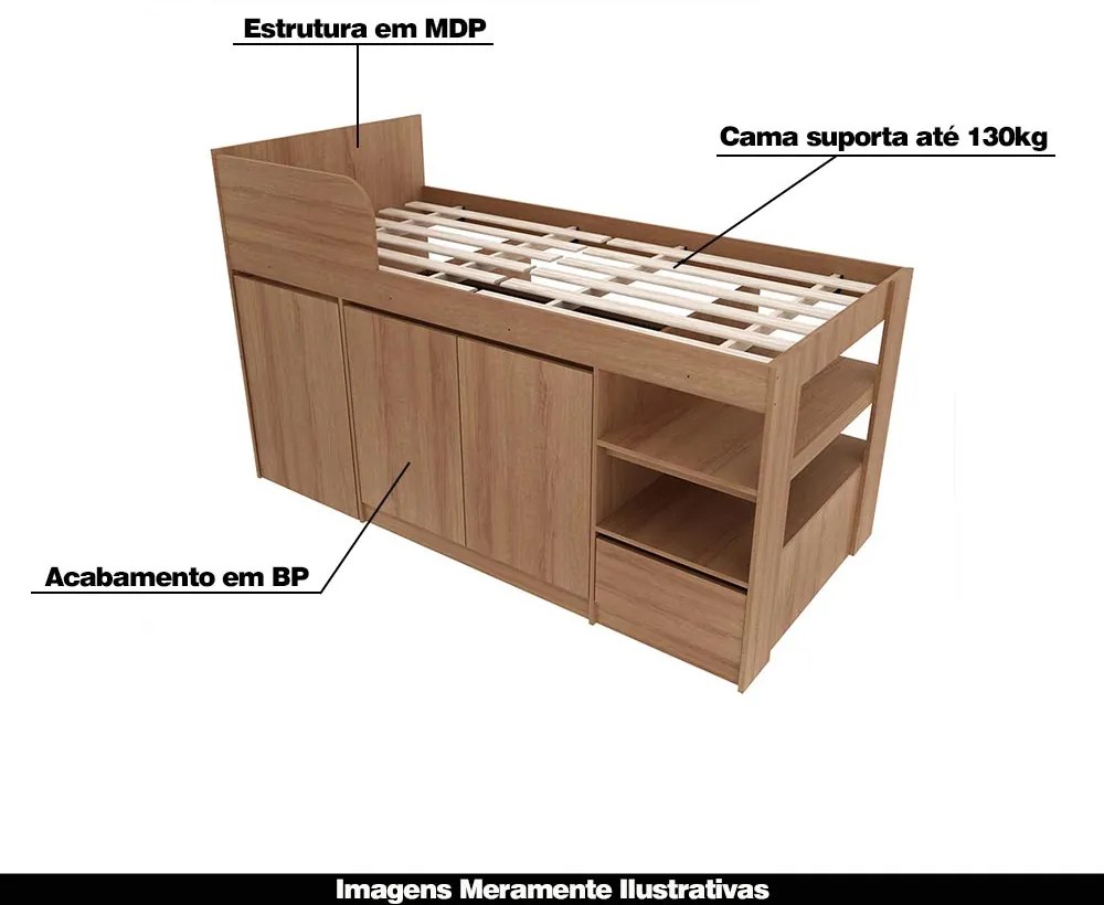 Cama Infantil Juvenil Multifuncional CM8021 MDP Amêndoa G69 - Gran Belo