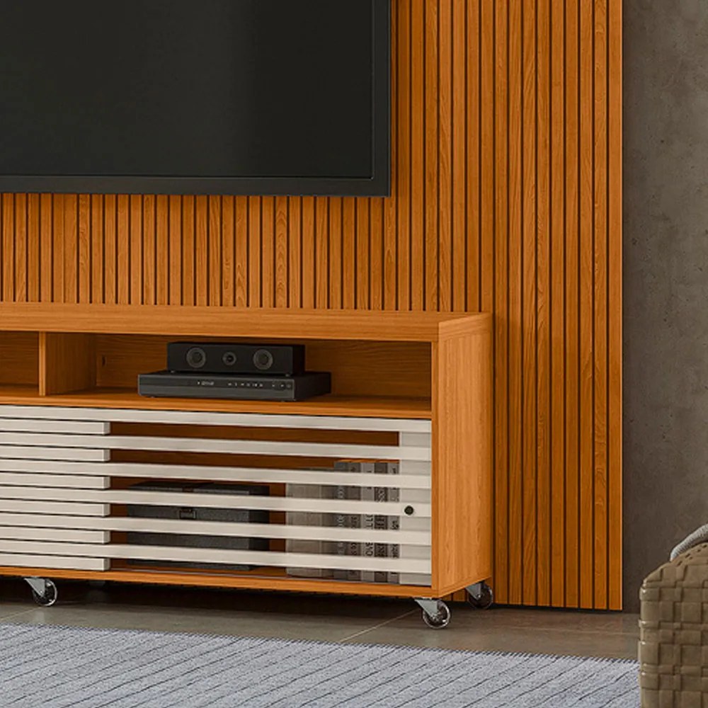 Painel TV 75 Pol 238cm Ripado Kalven com Rack Bancada Nerion M20 - D'Rossi - Cinamomo(fosco)/Off White(brilho)