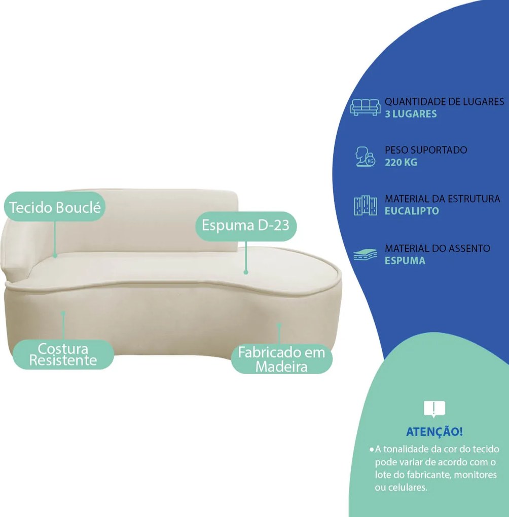 Divã Recamier Curvo Sala de Estar Recepção Marrocos 180cm Lado Direito Bouclé