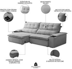 Sofá Retrátil 3 Lugares com Porta Copo 230cm Malta F05 Veludo Cinza -