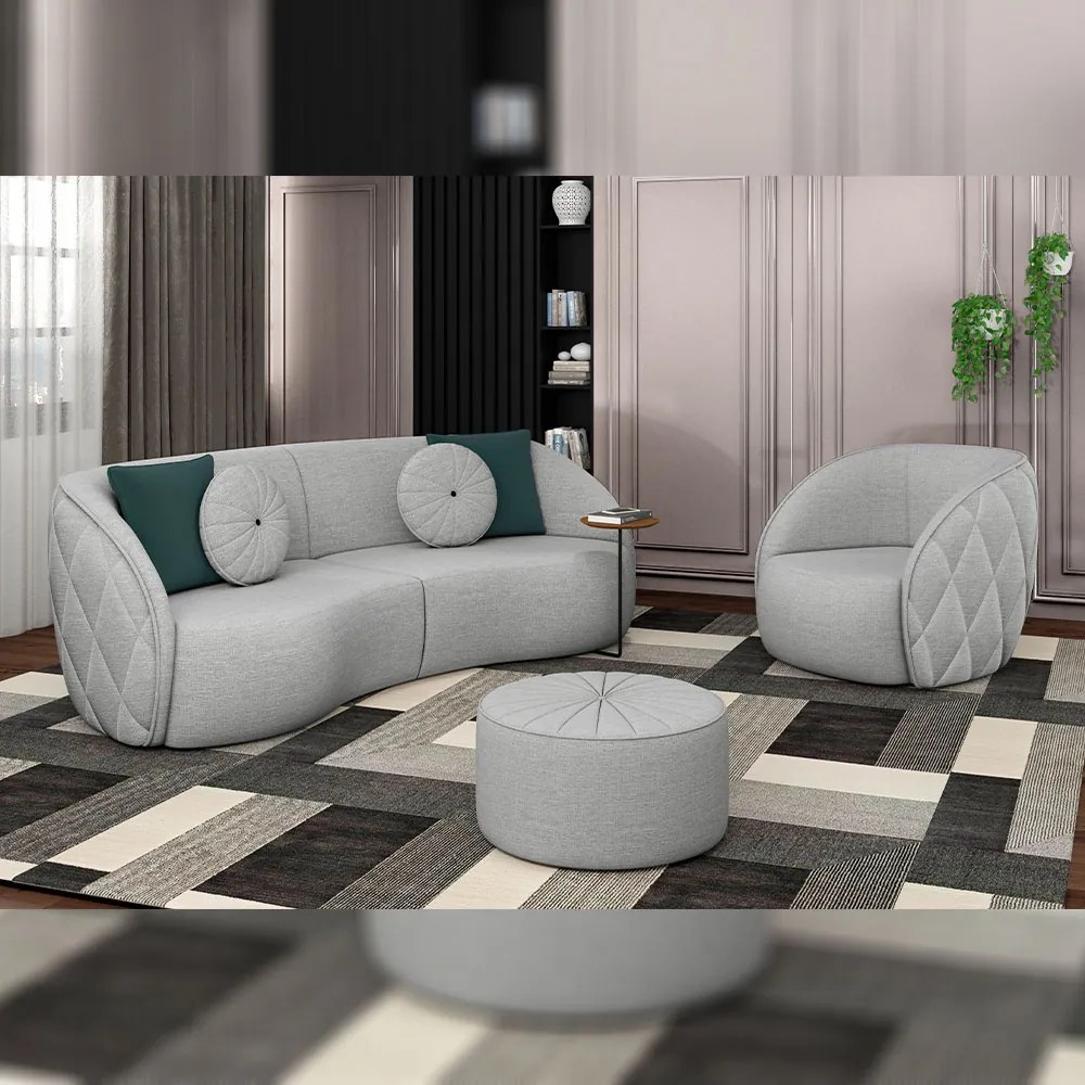 Conjunto Decorativo Sofá 240cm e Poltrona Clarke com Puff Round Linho Cinza G45 - Gran Belo