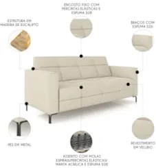 Sofá 2 Lugares 160cm Pés Metálicos Sallin Veludo Bege Z08   - Mpozenat