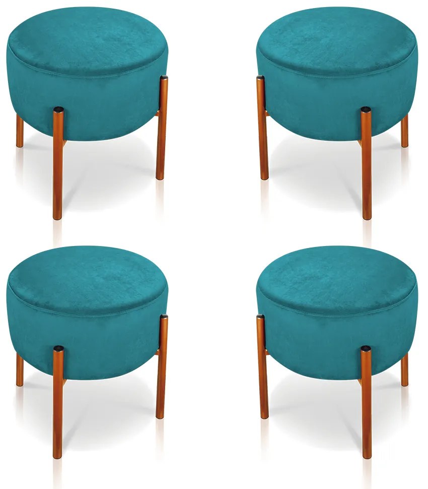 Puff Banqueta Decorativo Industrial Cobre Kit 4 Iron Suede D03 - D'Rossi - Azul Turquesa