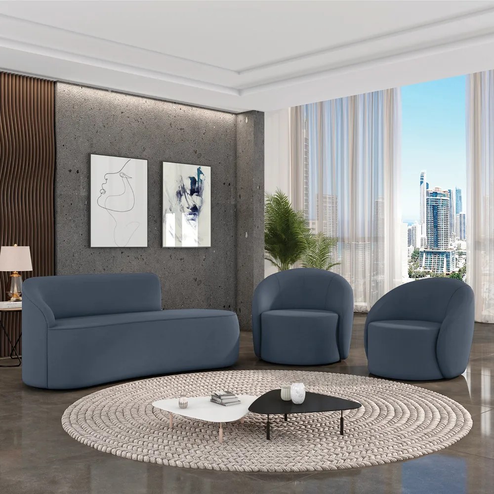 Sofá 2 Lugares Orgânico 140cm Morgan e 2 Poltronas Lua Suede - Azul Marinho