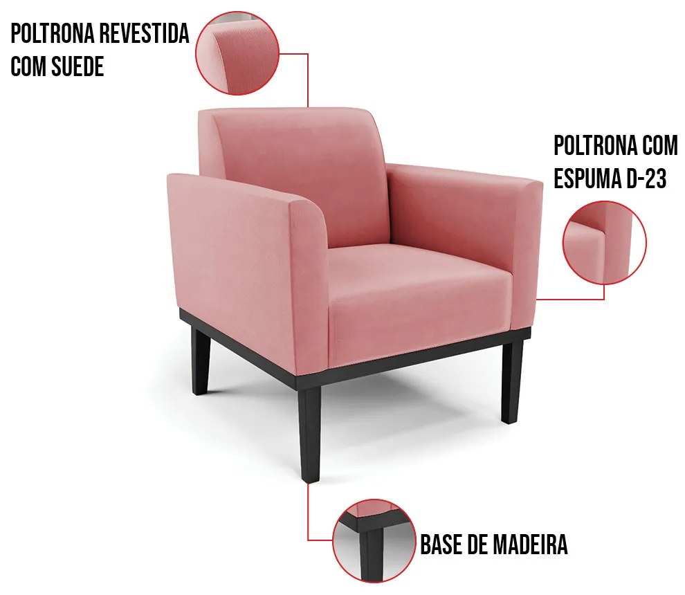 Kit 2 Poltronas Base de Madeira Fixa Preto Marisa Suede Rosê D03 - D'Rossi