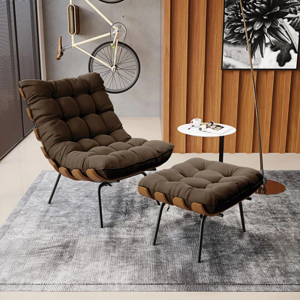 Kit 01 Poltrona e 01 Puff Costela Suede Base Metálica Preto M11 - D'Rossi - Marrom