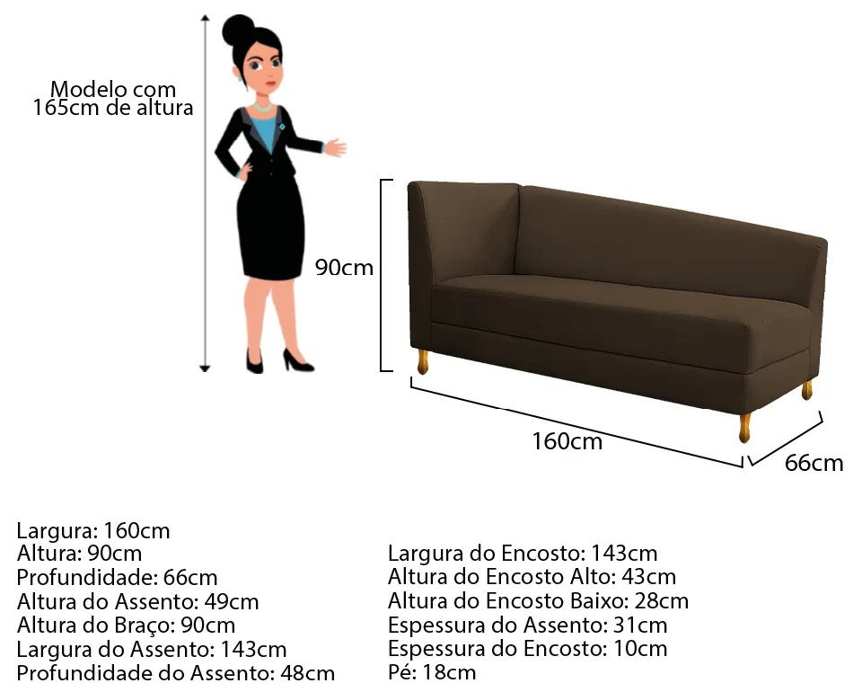 Recamier Valéria 160cm Lado Direito Suede Marrom - ADJ Decor