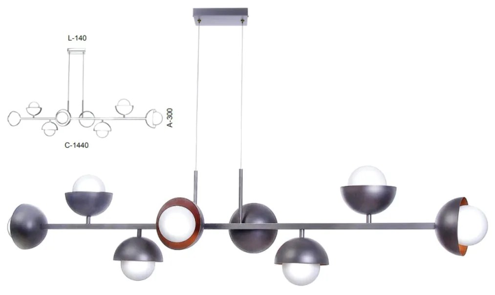 Pendente Retangular Cúpula 144X14X30Cm Metal E Globo Ø10Cm 08Xg9 |Old... (PRETO, AMBAR)