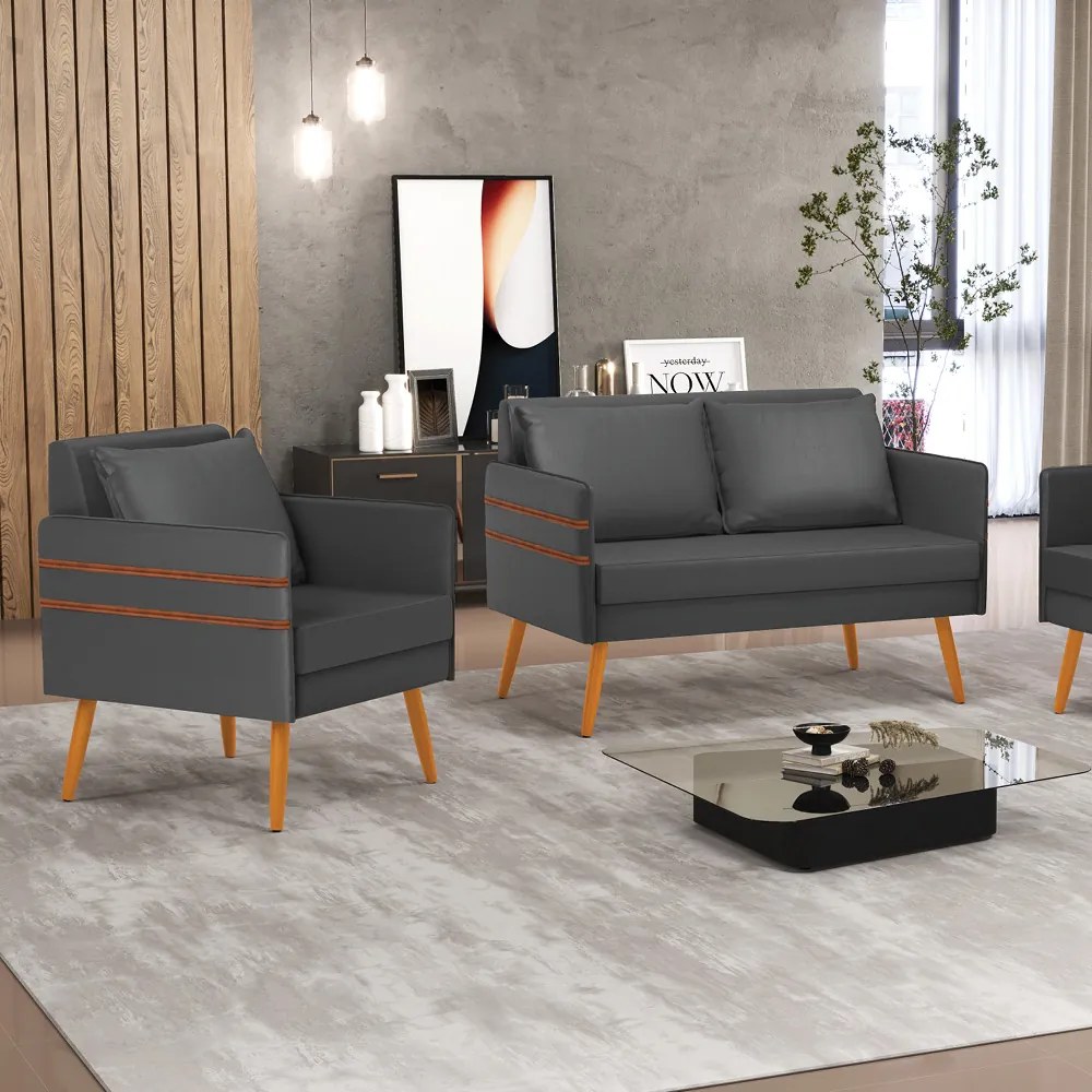 Kit 01 Namoradeira 02 Lugares e 01 Poltrona Mari Corino Preto Pés Palito Castanho - D'Rossi