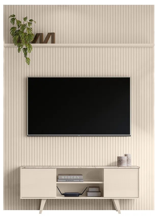 Painel TV 65 Pol 179cm Ripado Valen e Rack Bancada Korelli Calacata/Off White M20 - D'Rossi