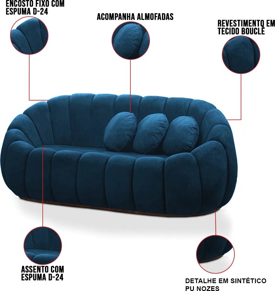 Sofá 2 Lugares com Puff e Poltrona Orgânica Fixa Cloud Bouclê E03 - D'Rossi - Azul Marinho