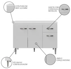 Balcão Gabinete Para Pia Com Tampo 120cm 3 Portas e 1 Gaveta Gabriela