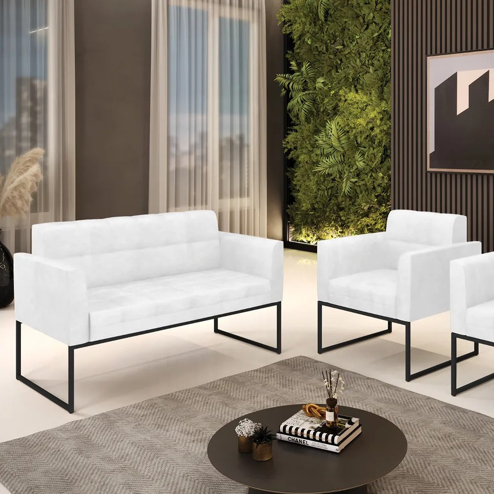 Kit 1 Sofá Namoradeira e 1 Poltrona Elisa Corano Branco Base Metálica Industrial Preto - D'Rossi