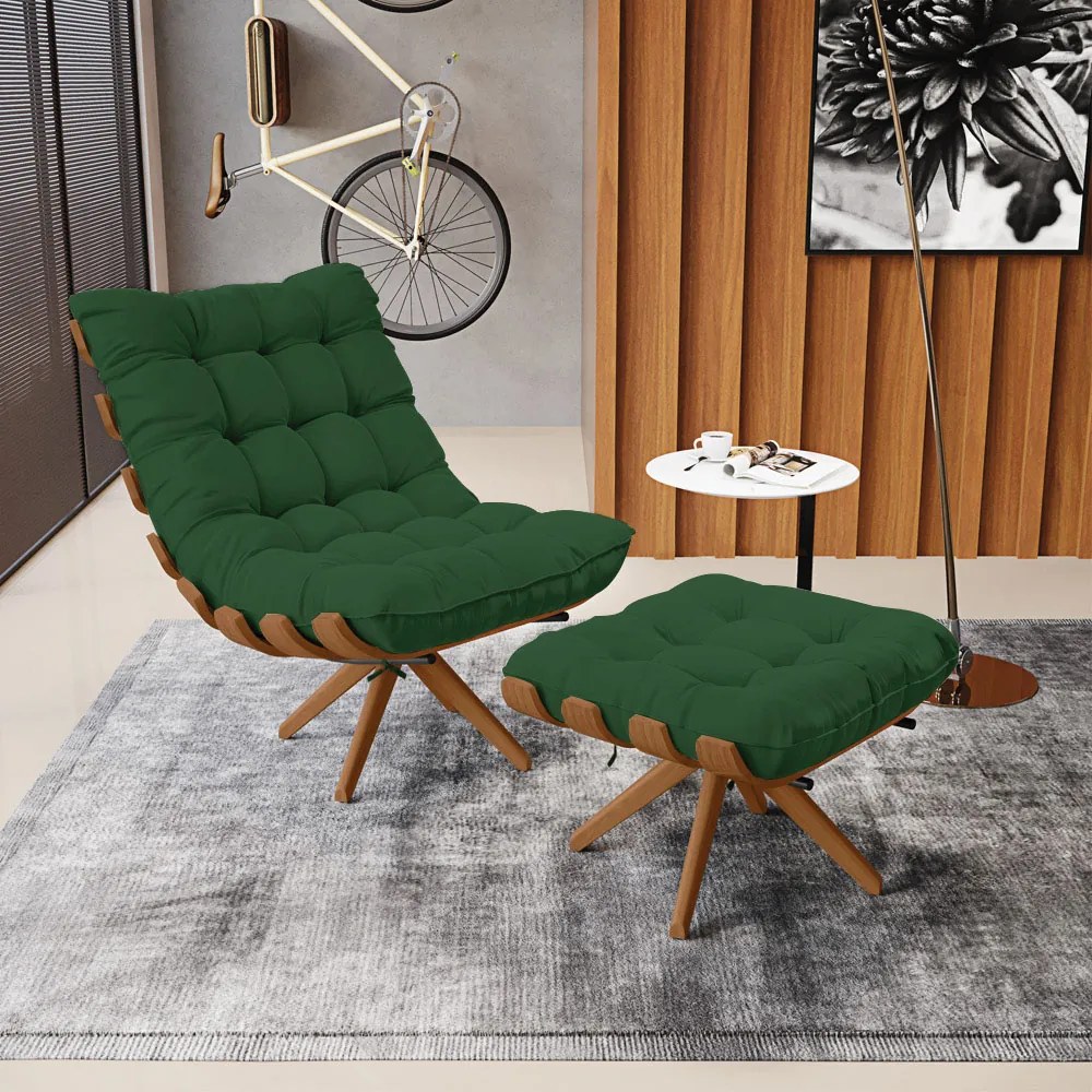 Puff Giratório Costela kit 2 Veludo Verde Base de Madeira MA30 M11 - D'Rossi